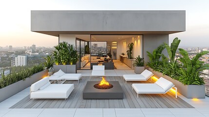 A rooftop terrace with a modern minimalist design, featuring white lounge chairs, a central fire pit, and large planters filled with tropical greenery, panoramic city views at dusk,