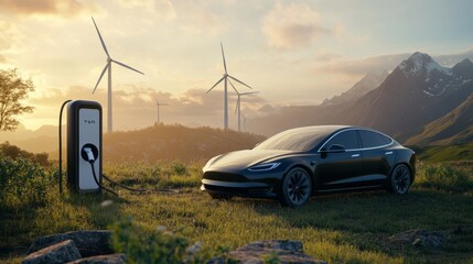 Poster - Green energy concept: electric car charging with windmills in the distance and a blank mockup poster for a sustainability campaign.