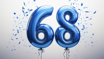 Sticker - Blue birthday / anniversary balloon, number 68, white background with confetti