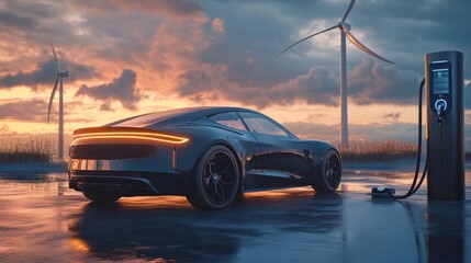 Poster - Sleek electric car plugged into a charging station, wind turbines spinning, and a customizable mockup poster nearby.