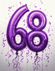 Sticker - Purple birthday / anniversary balloon, number 68, white background with confetti