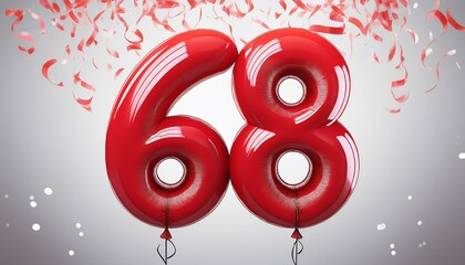 Wall Mural - Red birthday / anniversary balloon, number 68, white background with confetti