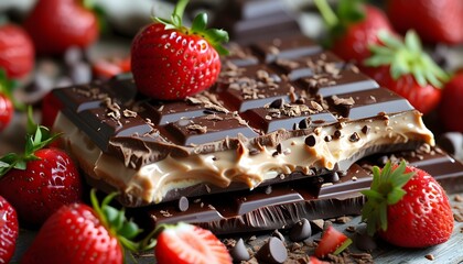 Decadent chocolate bars with rich cream and fresh strawberries