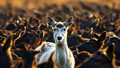 Unique white deer blending into a vast herd of dark deer, symbolizing individuality and distinction in nature