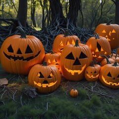 Wall Mural - Jack O' Lamps In Memorial park In The Creepy Evening - Halloween Setting