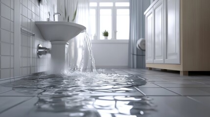 Bathroom with a damaged sink leaking water, flooding the tile floor and spilling from the cabinet.