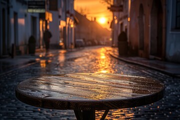 A wooden table sits in the middle of a cobblestone street in the warm glow of a sunset, creating a perfect spot for a romantic dinner.