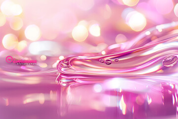 Poster - The scene captures delicate droplets of liquid glistening on a smooth surface, set against a soft pink backdrop filled with subtle bokeh effects, evoking a sense of tranquility and beauty