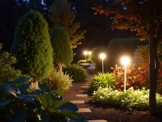 Wall Mural - Illuminated home garden path patio in evening light