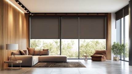 Poster - Bright room with automated blackout shades, sleek roller blinds, and wooden decor panels on the walls for a natural, elegant touch.