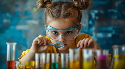 Poster - Young Girl Scientist Examining Test Tubes with a Magnifying Glass
