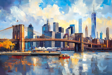 Poster - Oil painting on canvas, New York City - beautiful bridge manhattan with manhattan and brooklyn bridge, USA