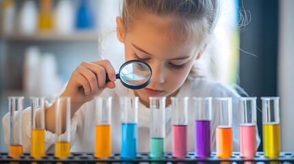 Poster - Young Girl Scientist Examining Colorful Liquids in Test Tubes with Magnifying Glass