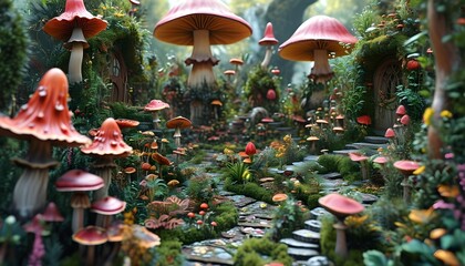 Enchanted garden filled with giant mushrooms, whimsical plants, and mystical creatures in a vibrant magical realm