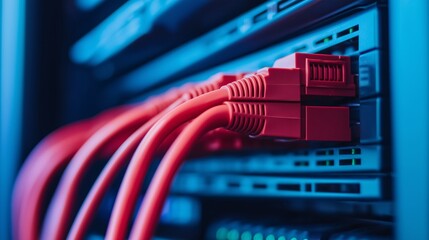 Poster - Red Ethernet Cables in a Data Center Setup