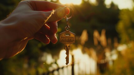 key showing key from new house rented leased purchased apartment, Moving house, relocation. New house, belongings and furniture. move in the apartment or condominium. New landlord, Becoming homeowner