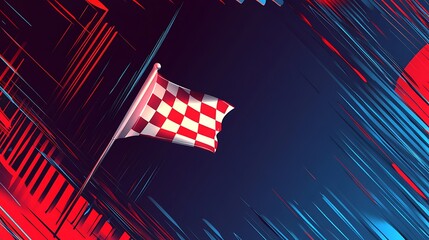 Poster - A checkered flag on a pole, waving in the wind with red and blue streaks behind it.