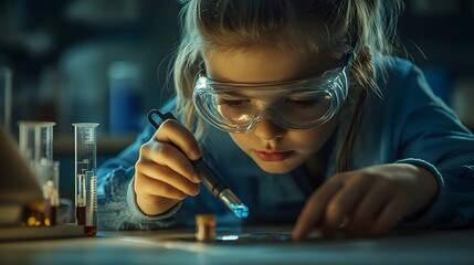 Aufkleber - Young Girl Wearing Safety Glasses Conducts a Science Experiment