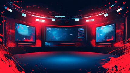 Aufkleber - Futuristic studio with three large screens displaying data visualizations and surrounded by red lights.
