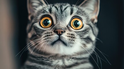 surprised cat make big eyes. American shorthair surprised cat or kitten funny face big eyes, cute, domestic, kitten, feline, Emotional surprised, kitty, wow.