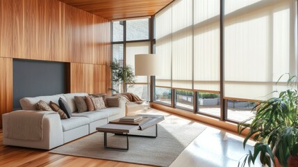 Tech-inspired living room featuring motorized roller blinds, wooden wall panels, and electric solar shades for energy-efficient design.