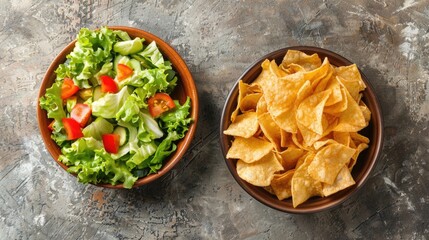 In one bowl green fresh salad with tomatoes and avocado, in another bowl chips. Healthy natural organic fresh vegetarian food vs unhealthy processed fast food. Lunch or snack solution