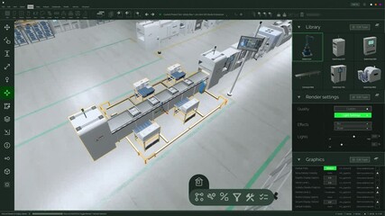 Poster - Screen Replacement Software Mockup: High-tech Manufacturing: 3D CAD Animation of Automated Production Line With Robotic Arms and Conveyor Belts. Assembly Process Modern Industrial Facility