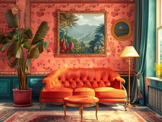 Sticker - Vintage Living Room Interior Design with Floral Wallpaper and Tropical Plant