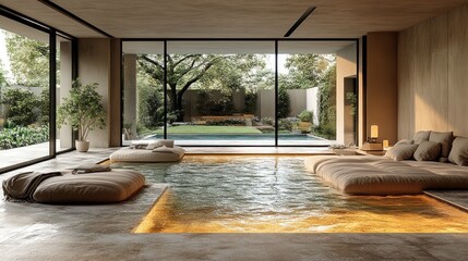 Wall Mural - Modern indoor pool with a serene garden view and cozy seating.