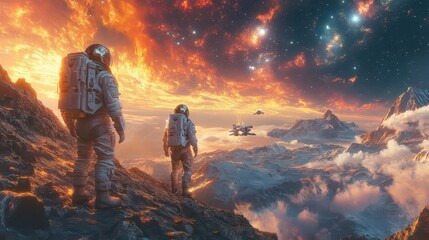Wall Mural - astronauts in sleek futuristic suits exploring alien planet vibrant otherworldly landscape distant stars colorful nebulae advanced spacecraft hovering nearby