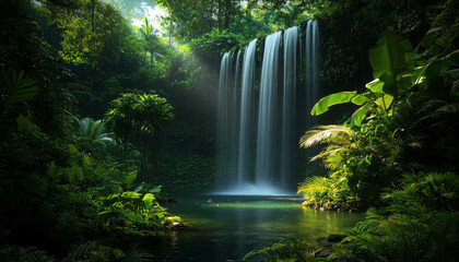 Wall Mural - A serene waterfall cascades into a tranquil pool, surrounded by lush greenery and vibrant tropical plants.