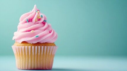 Sticker - A cupcake with pink frosting and sprinkles on a blue background, AI