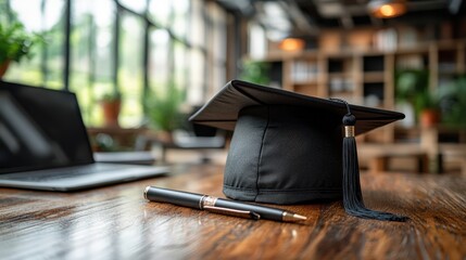 A black graduation cap sits on a table, accompanied by a laptop background is blurred, depicting a modern office interior, creating an educational concept. 