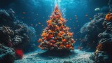bioluminescent christmas tree made entirely of living glowing organisms underwater scene with fish ornaments and coral decorations merging holiday spirit with marine conservation