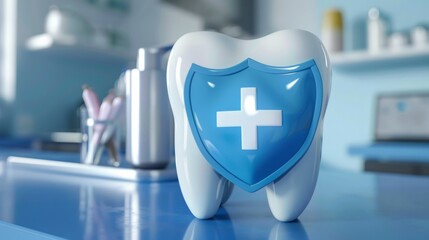 Wall Mural - The blue shield with a white cross on it, positioned on the tooth. Dental icon wallpaper