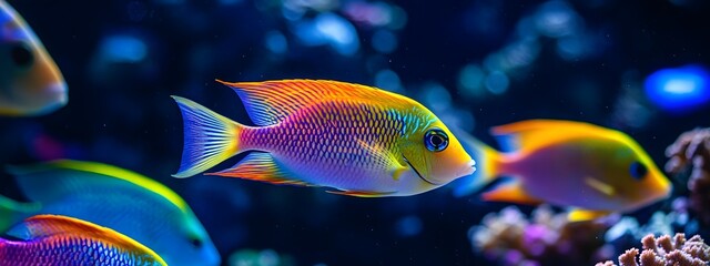 A group of colorful tropical fish swimming in the water, with vibrant colors and beautiful coral reefs around them