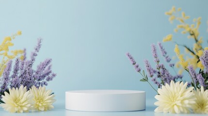 Poster - Colorful flowers frame a simple white pedestal set against a serene blue backdrop, creating an inviting and tranquil atmosphere suitable for displays or product showcases.