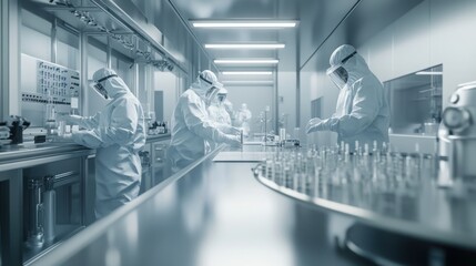  workers in protective gear performing quality checks in a sterile cleanroom