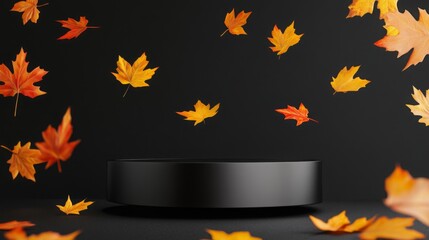 Poster - Vibrant autumn leaves in shades of orange and yellow float gently in the air, creating a lively contrast against a dark background where a circular platform rests, awaiting an object or display.