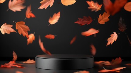 Poster - Vibrant autumn leaves in shades of red, orange, and yellow spin gracefully above a sleek black pedestal, capturing the essence of fall in a visually striking composition against a dark background.