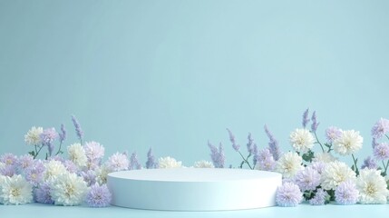 Poster - A round white platform sits in front of a pale blue background. White and lavender flowers, arranged in a line, are displayed in the foreground around the platform.