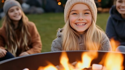 Poster - A group of three girls sitting around a fire pit with marshmallows, AI