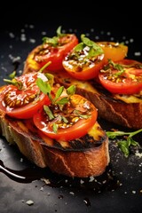 Gourmet grilled toast with tomato slices and basil leaves, drizzled with olive oil, salt flakes, and fresh herbs. This Italian cuisine dish is a healthy vegetarian appetizer