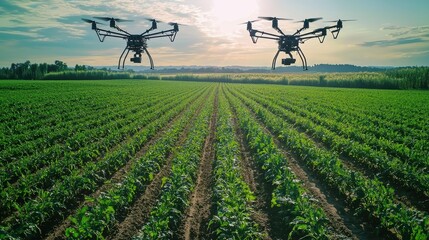 Two drones flying over a field of crops