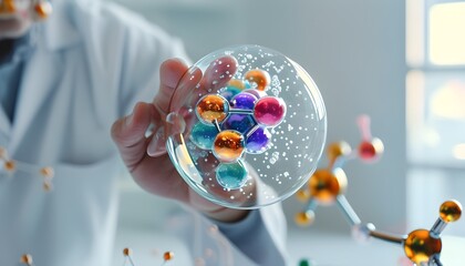 Wall Mural - Holographic Molecular Model Held by Scientist Within a Bubble in a Clean Lab Environment