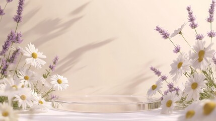 Poster - A calming composition features vibrant white daisies and soft lavender blossoms arranged harmoniously on a light background