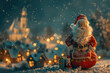 © syhin_stas - Statuette of Santa Claus against the backdrop of a snow-covered village during the Christmas period. Christmas card