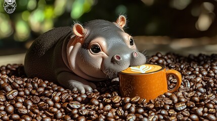 Wall Mural - A baby hippo is laying on a pile of coffee beans and drinking coffee from a cup