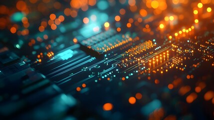 Poster - Close-up of a Circuit Board with Glowing Lights