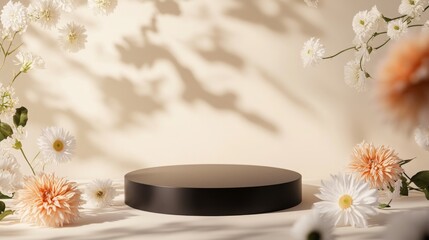 Poster - A round, dark display platform rests in the center, elegantly surrounded by various flowers. Soft, diffused light creates gentle shadows, enhancing the serene atmosphere and floral details.